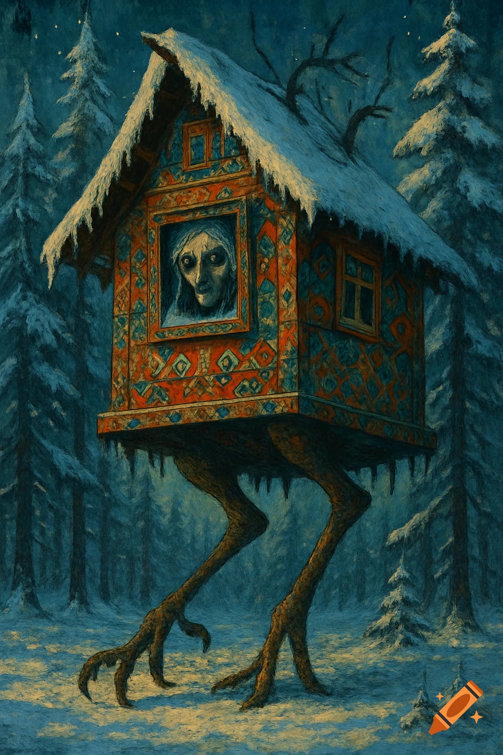 A dark, stylized painting of Baba Yaga's hut on chicken legs, featuring intricate folk art patterns, standing in a snowy winter forest. Baba Yaga's eerie face peers from a window.