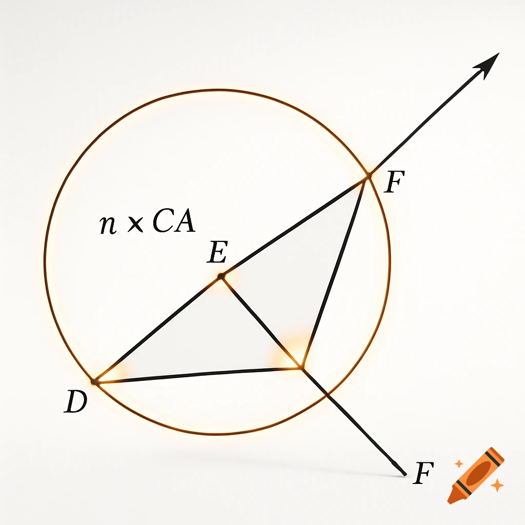 A geometric diagram featuring a circle with an inscribed triangle DEF. An expression 'n x CA' is inside the circle, and an arrow-ended line segment passes through the circle, intersecting at point F.