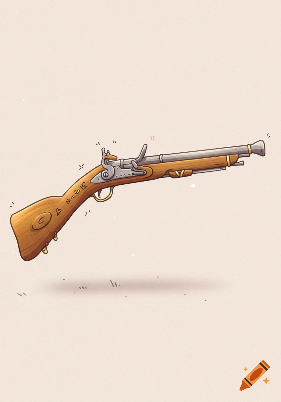 A stylized cartoon illustration of a Charleville-style musket with a light brown wooden stock and a silver barrel, floating on an off-white background.