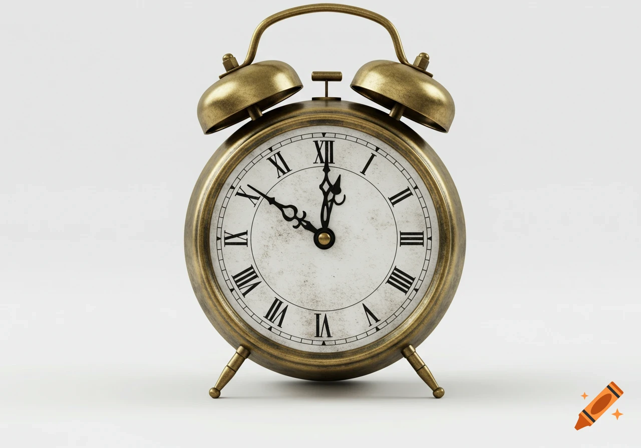 Antique brass alarm clock with Roman numerals on a white background.