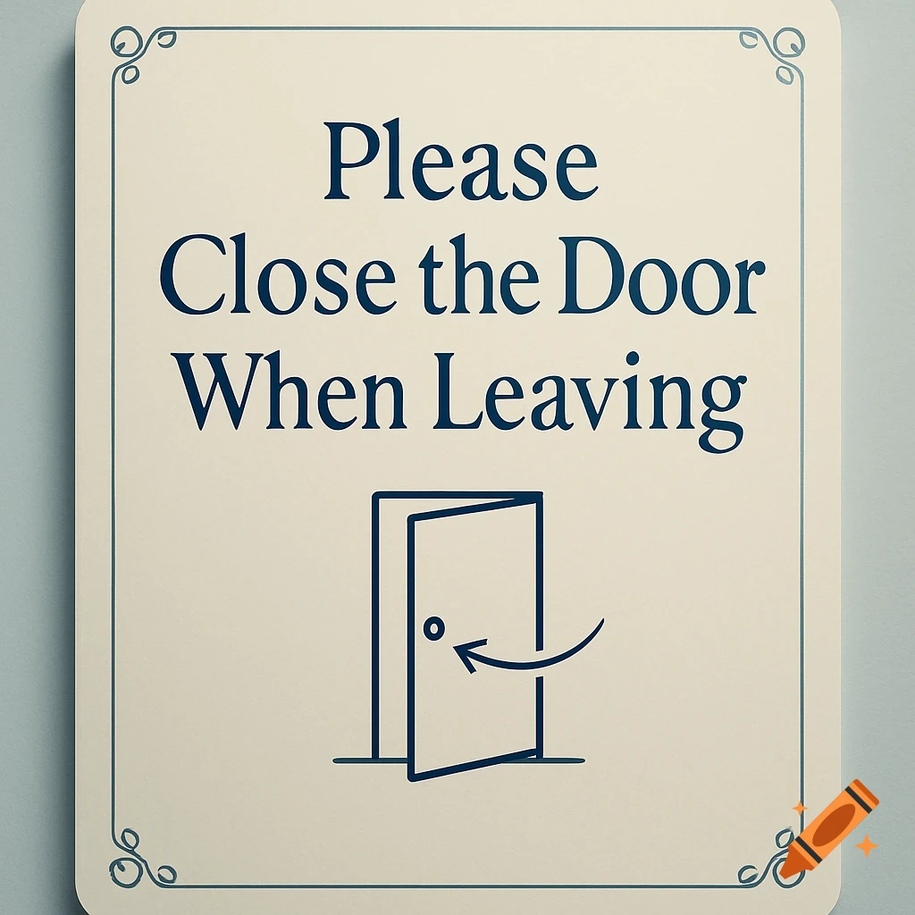 A cream-colored sign with a decorative border reads 'Please Close the Door When Leaving' above an icon of a closing door.
