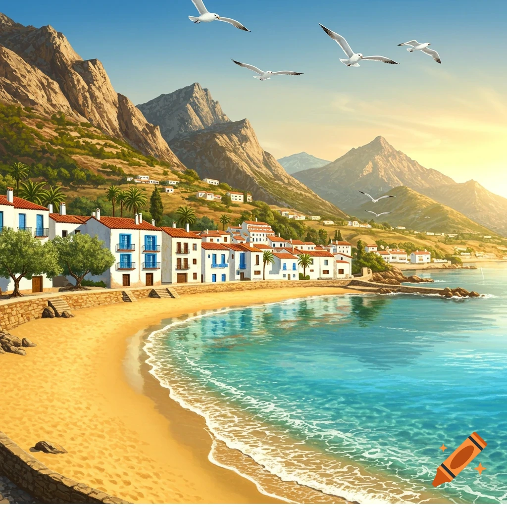 A vibrant illustration of a Mediterranean village nestled along a sunny beach with clear turquoise water, mountains, and seagulls flying in the sky.