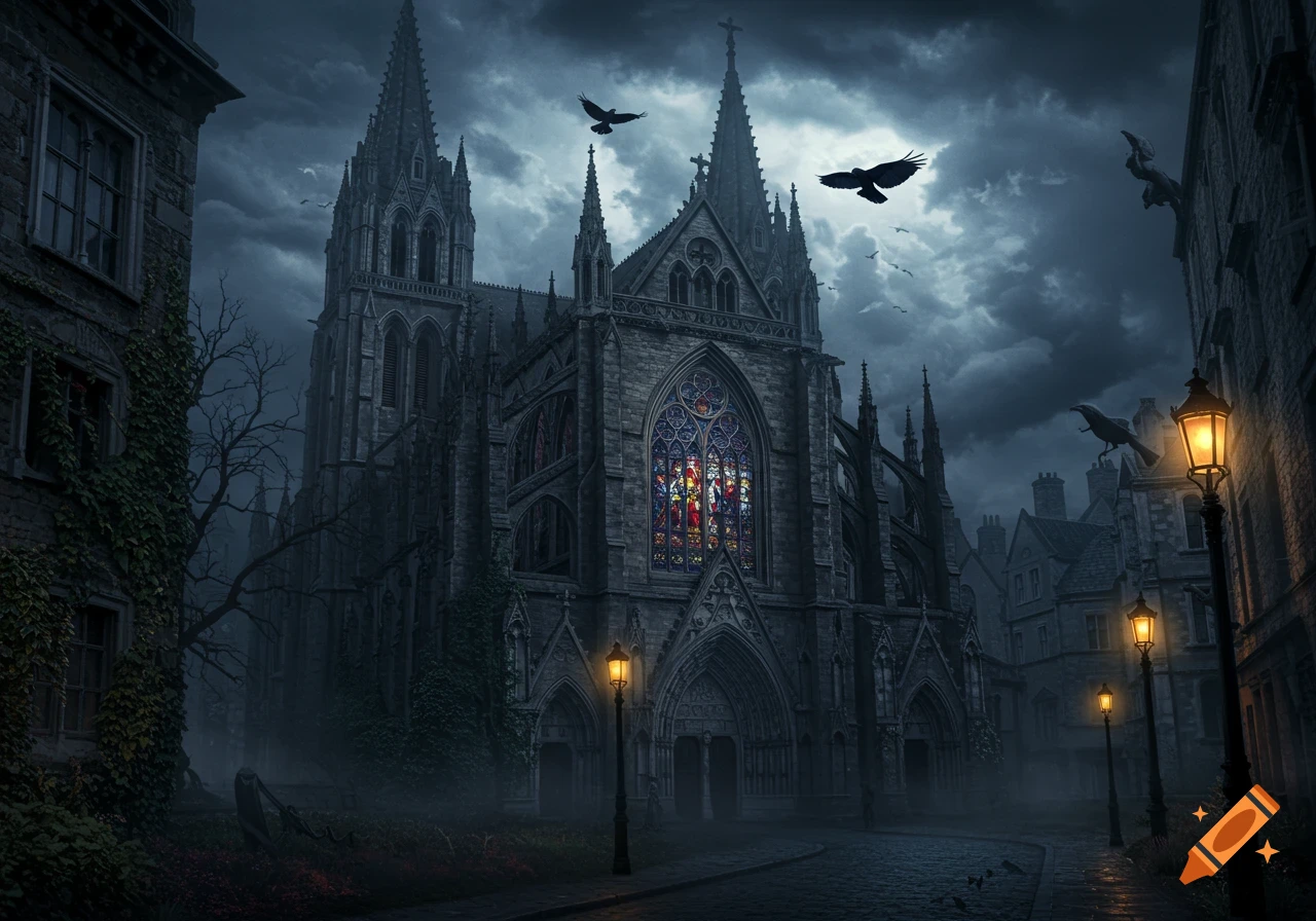 A dark gothic cathedral under a cloudy sky, with ravens, glowing street lamps on a cobbled street, and a bright stained-glass window.