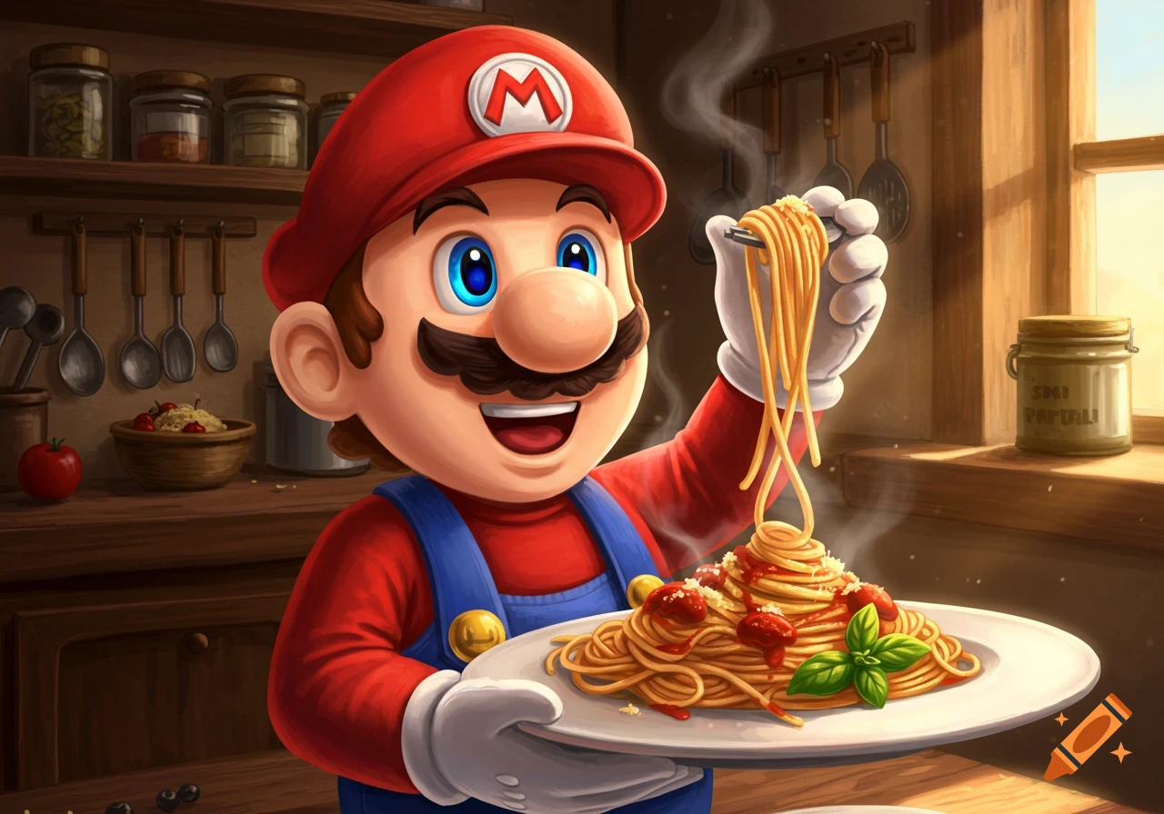 Mario, the video game character, smiles while holding a plate of spaghetti and twirling more onto a fork in a rustic kitchen.