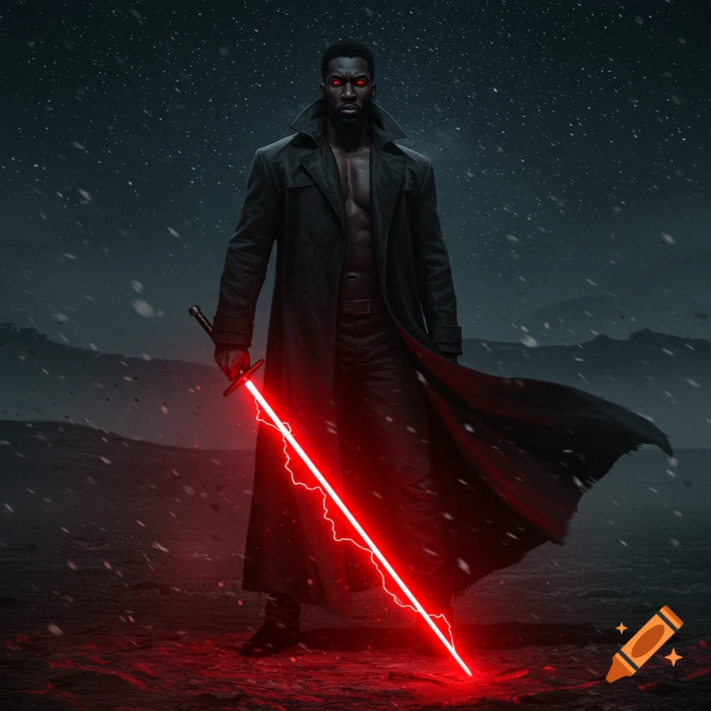 A dark-skinned man with glowing red eyes in a black trench coat holds a ...