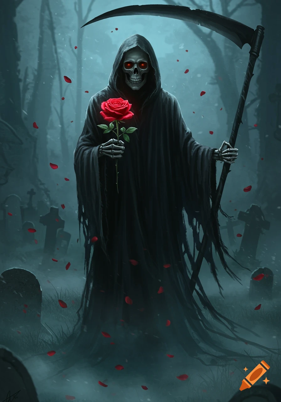 Grim Reaper with glowing red eyes, holding a red rose and scythe in a ...