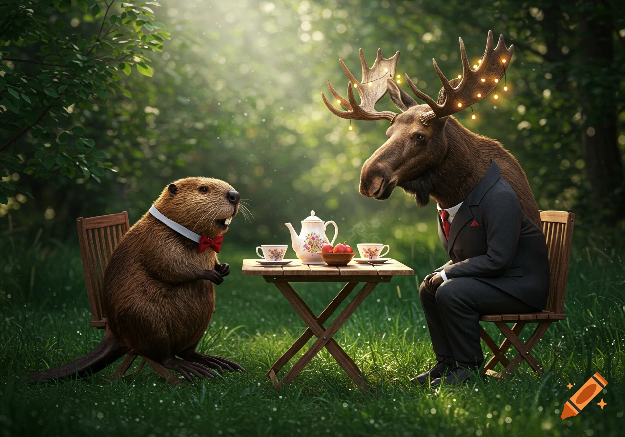 A photorealistic beaver in a bowtie and a moose in a suit with string lights on its antlers have tea in a sunlit forest.