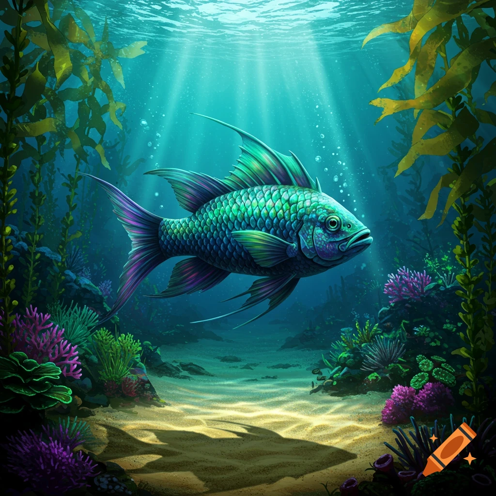 A vibrant green and purple fish with spiky fins swims in a sunny underwater scene with kelp, coral, and plants.