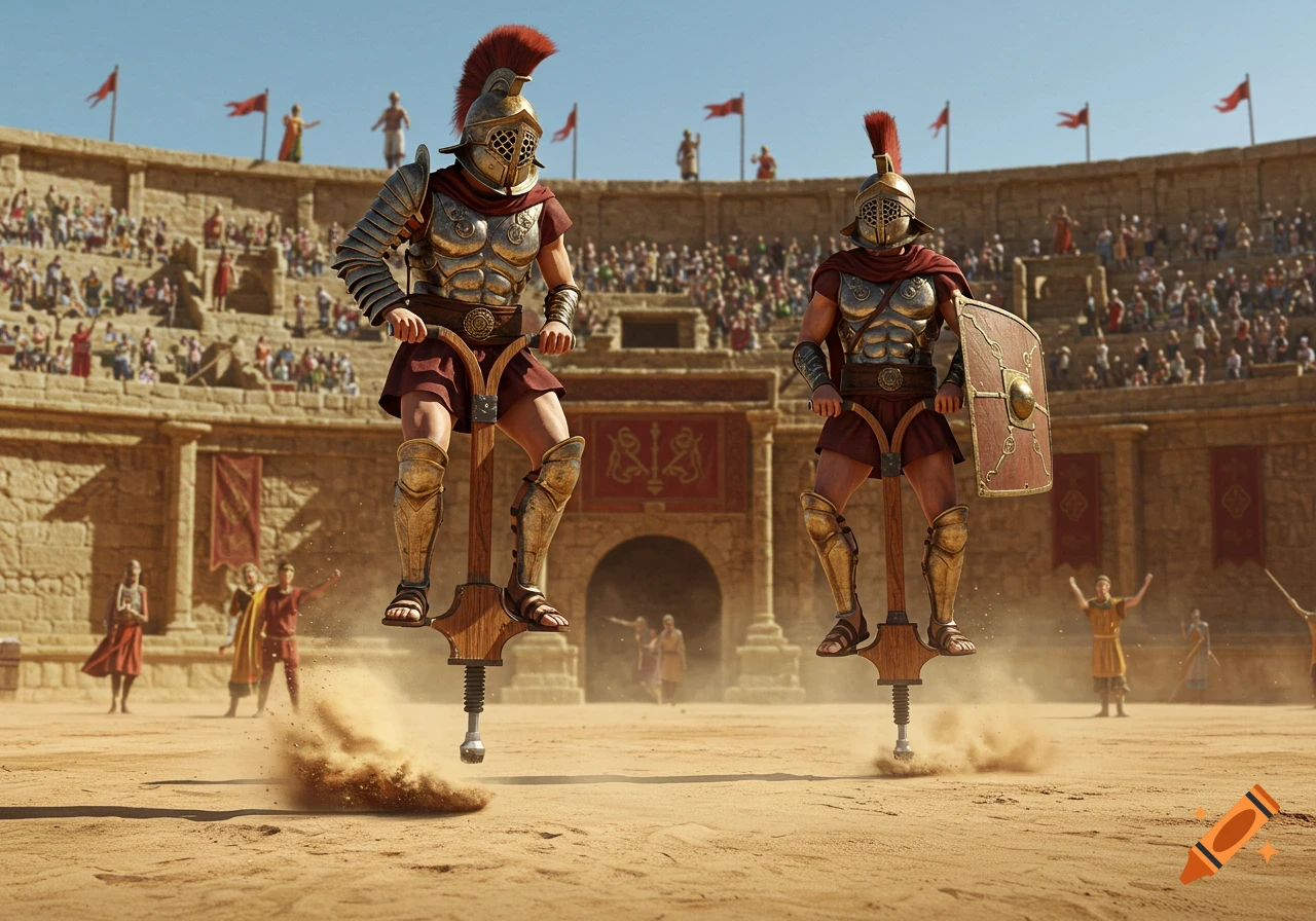 Two armored gladiators on pogo sticks in a dusty Roman coliseum, with spectators filling the stands.