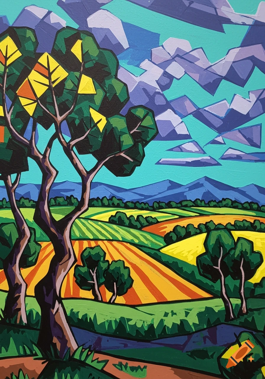 A vibrant, geometric landscape painting featuring stylized trees, rolling fields, distant mountains, and a teal sky with angular clouds.