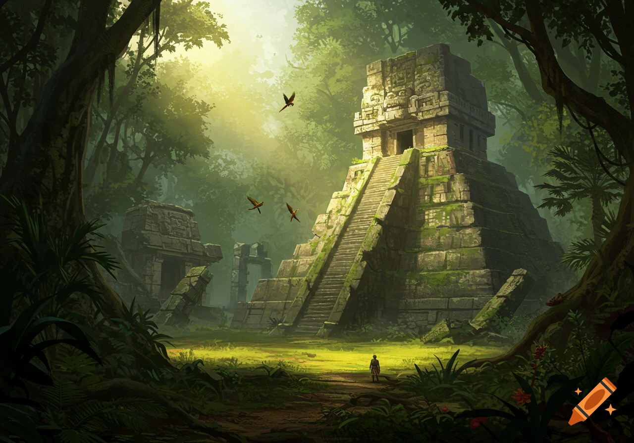 Digital painting of a moss-covered ancient Mayan temple in a lush, sunlit jungle with a small explorer and flying birds.