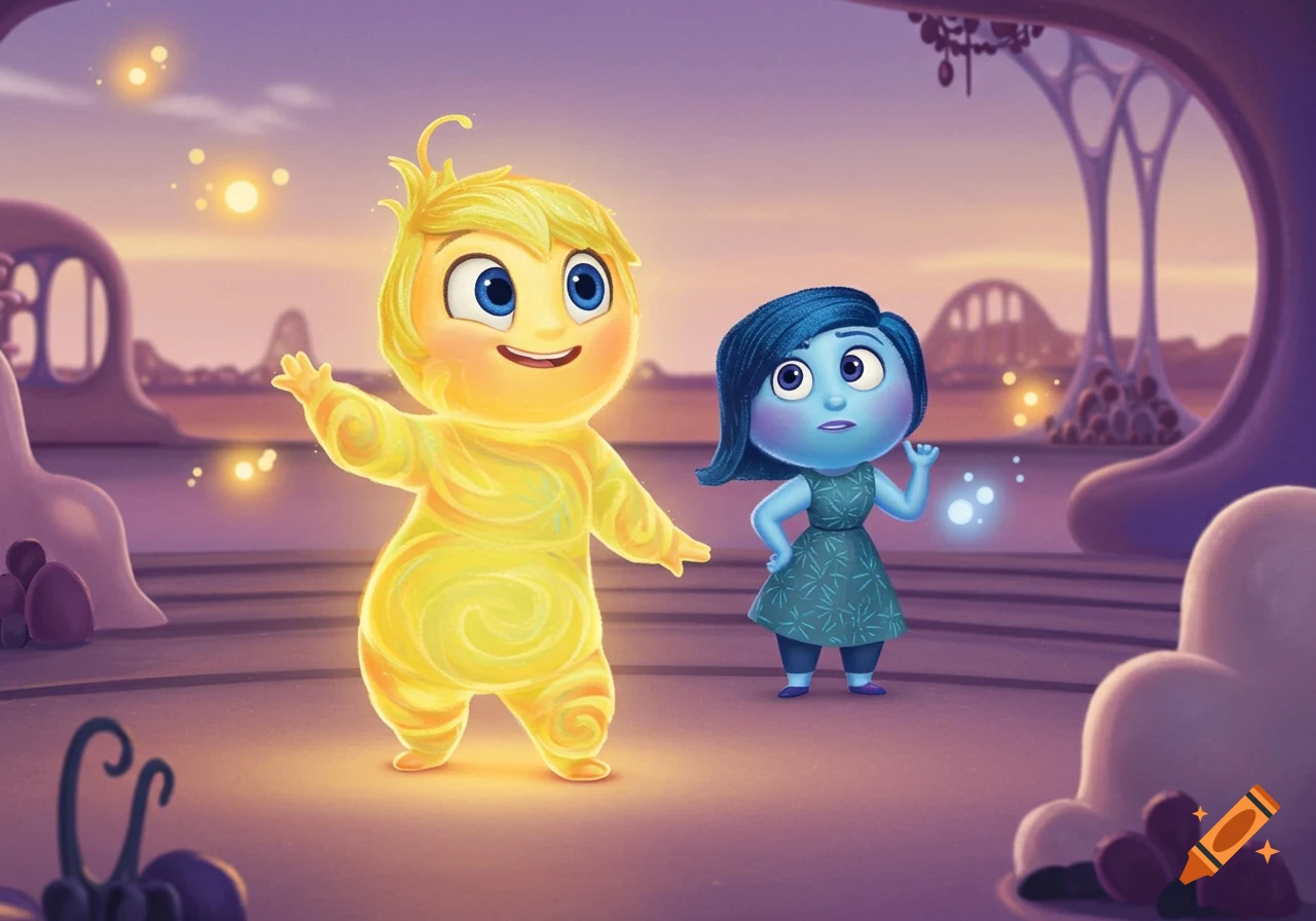 A glowing yellow character resembling Joy and a blue character resembling Sadness from Inside Out in a vibrant, dream-like landscape.
