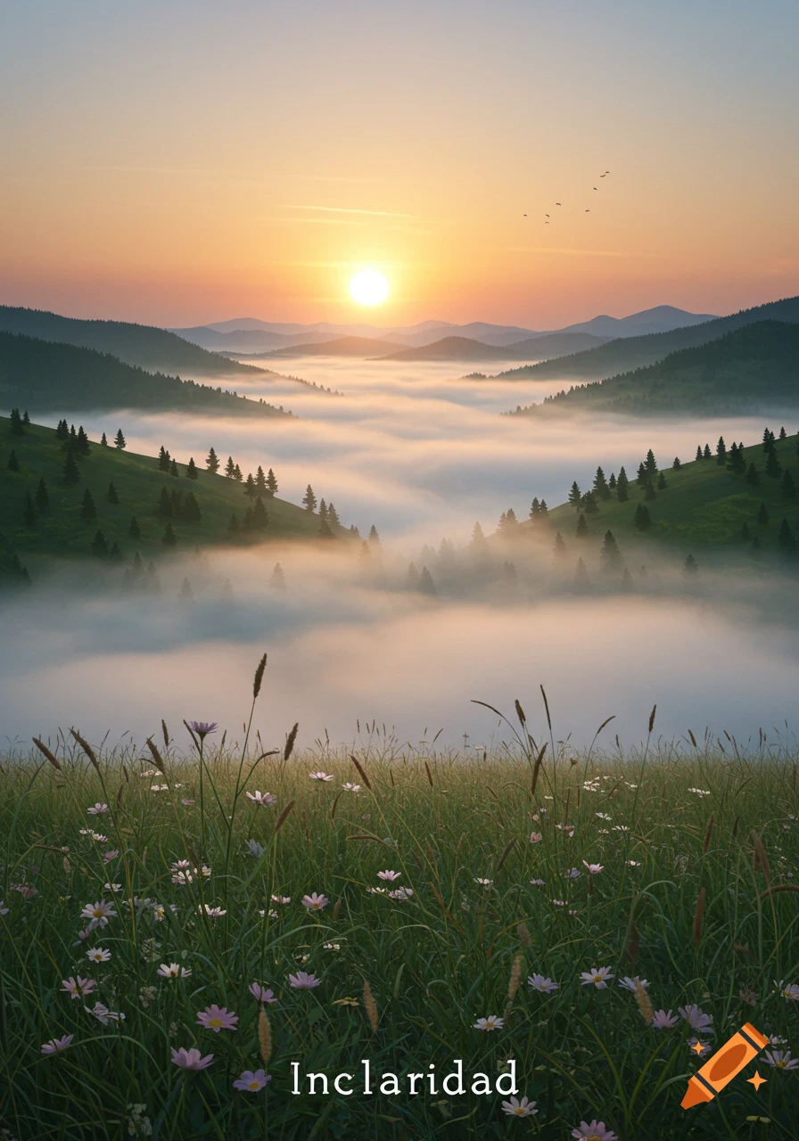 Photorealistic sunrise over a mist-filled mountain valley with wildflowers in the foreground and the word "Inclaridad".