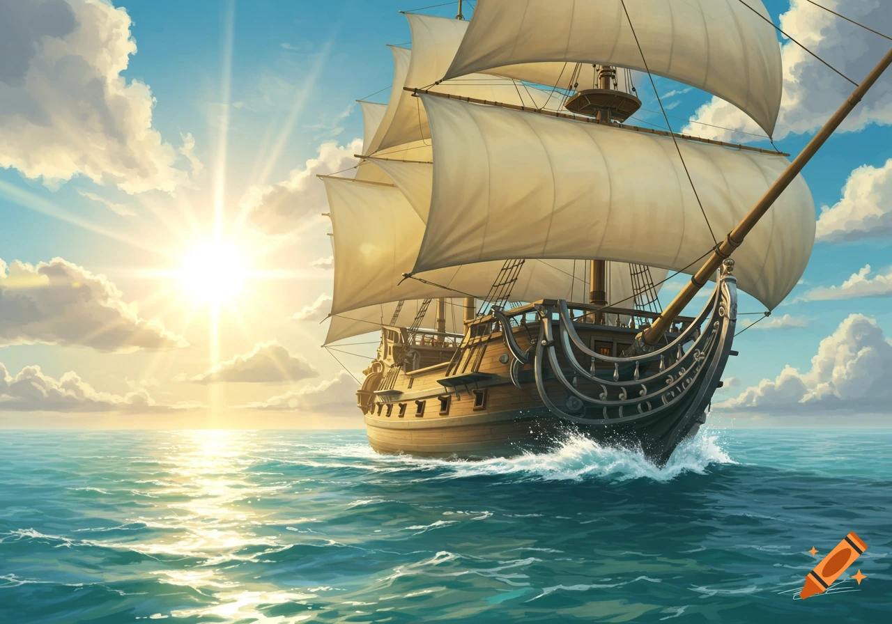 A grand wooden sailing ship with many white sails glides across a bright blue ocean under a sunny, cloudy sky.