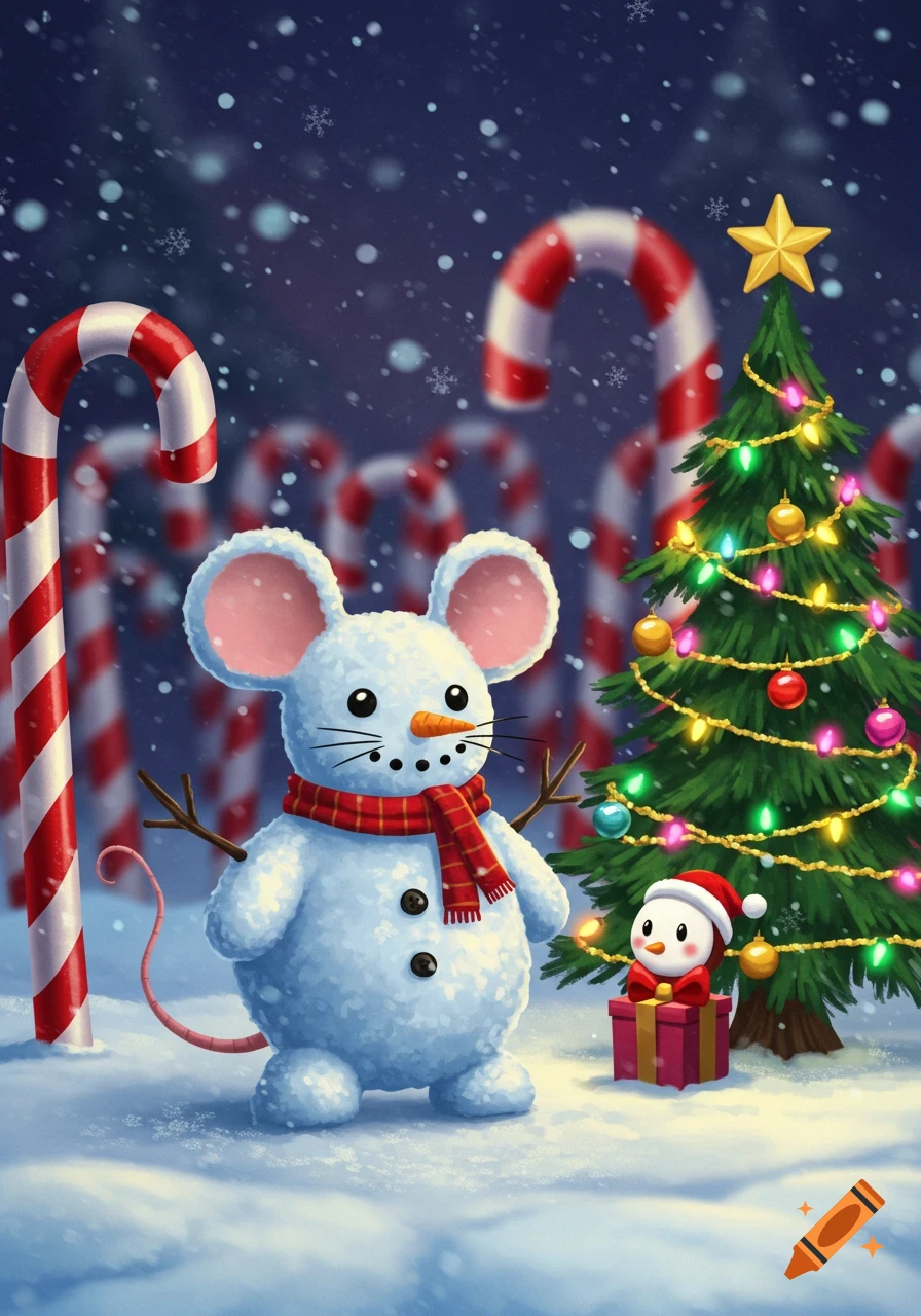 A cute snowman mouse wearing a red scarf stands in a snowy landscape with a decorated Christmas tree, a small bird in a gift, and candy canes.