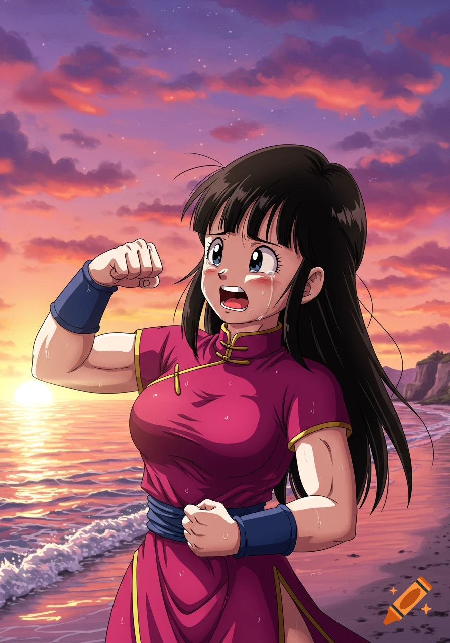 Anime character Chi-Chi from Dragon Ball Z flexing her muscular arms while crying on a beach at sunset.