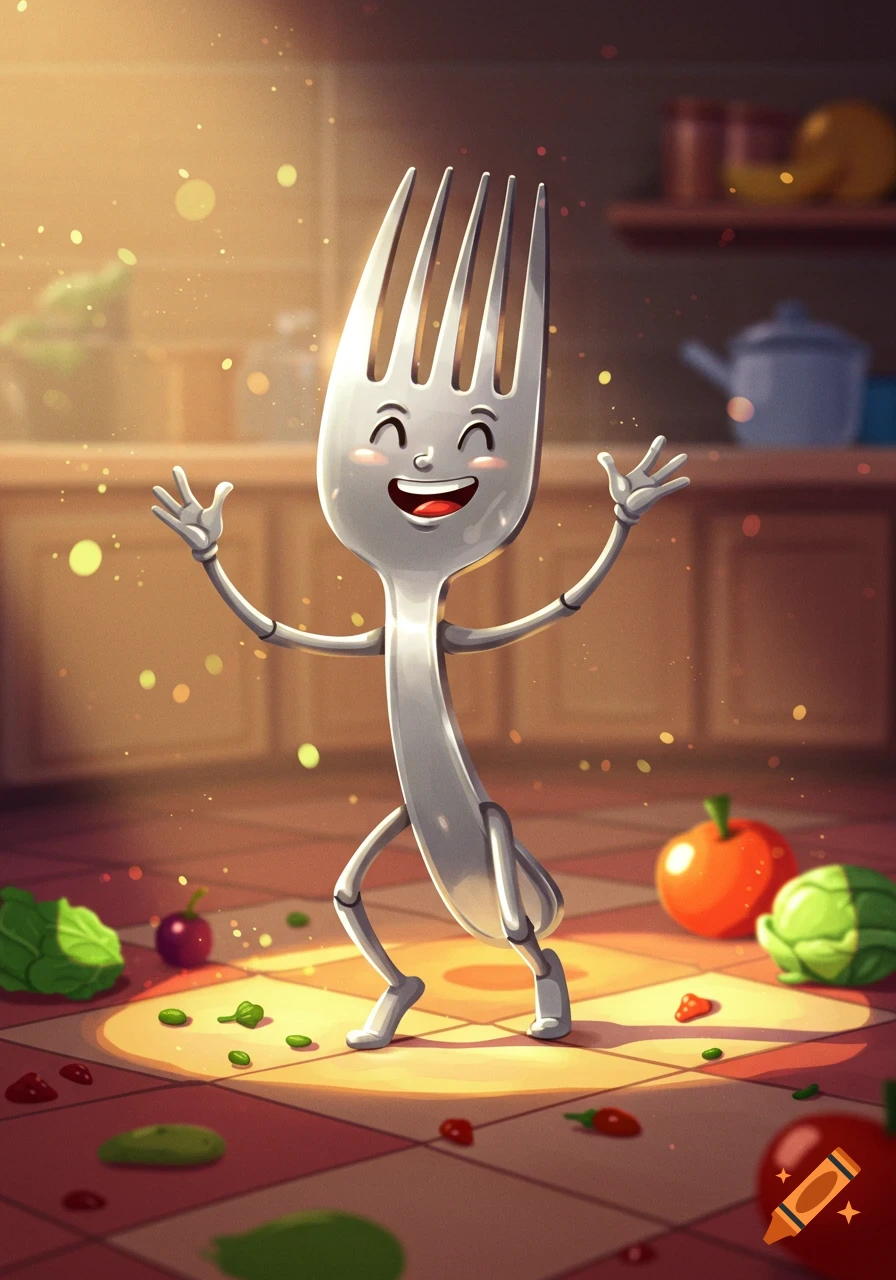 A happy cartoon fork with arms, hands, legs, and feet dances in a sunlit kitchen amidst scattered vegetables.