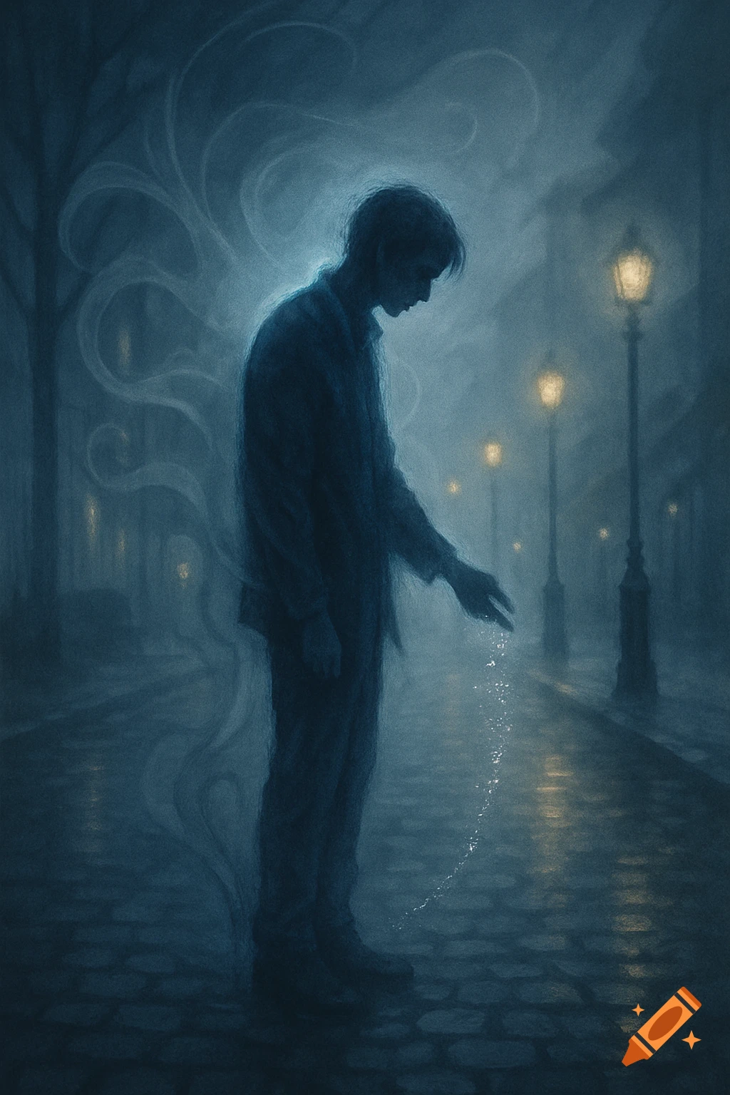 A lone, glowing figure stands on a dark, wet cobblestone street at night, drops of light falling from their hand, surrounded by mist and distant street lamps in a digital illustration.