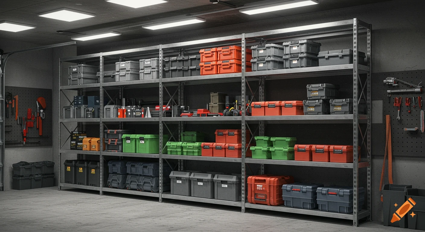 Photorealistic image of a garage interior with a long metal shelving unit filled with various colored storage boxes. Tools hang on a pegboard wall.