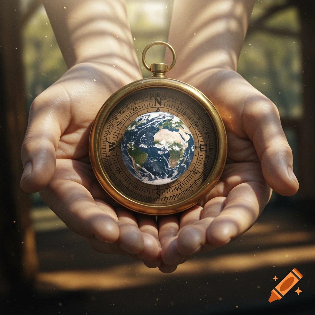 Two hands gently hold a golden compass with a vibrant Earth globe at its center, surrounded by detailed markings.