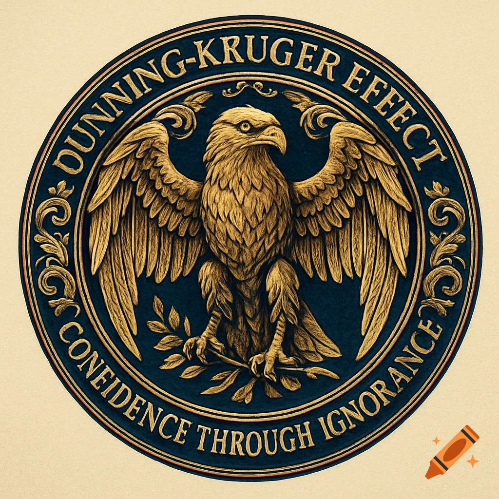 Regal golden eagle emblem on a dark blue circular seal. Text reads 'DUNNING-KRUGER EFFECT' and 'CONFIDENCE THROUGH IGNORANCE'.