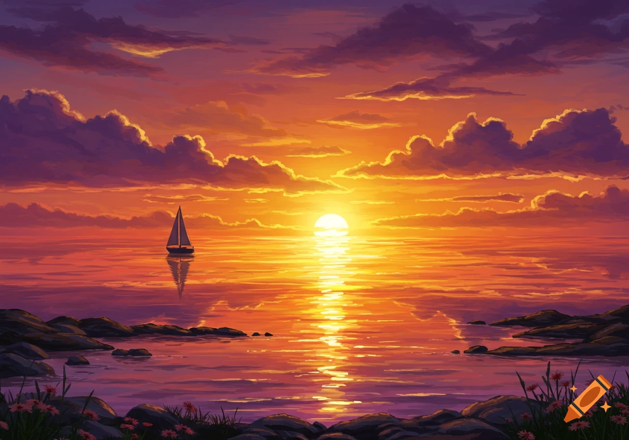 Digital painting of a sailboat silhouetted against a brilliant orange and purple sunset reflecting on calm water, with rocky shores.