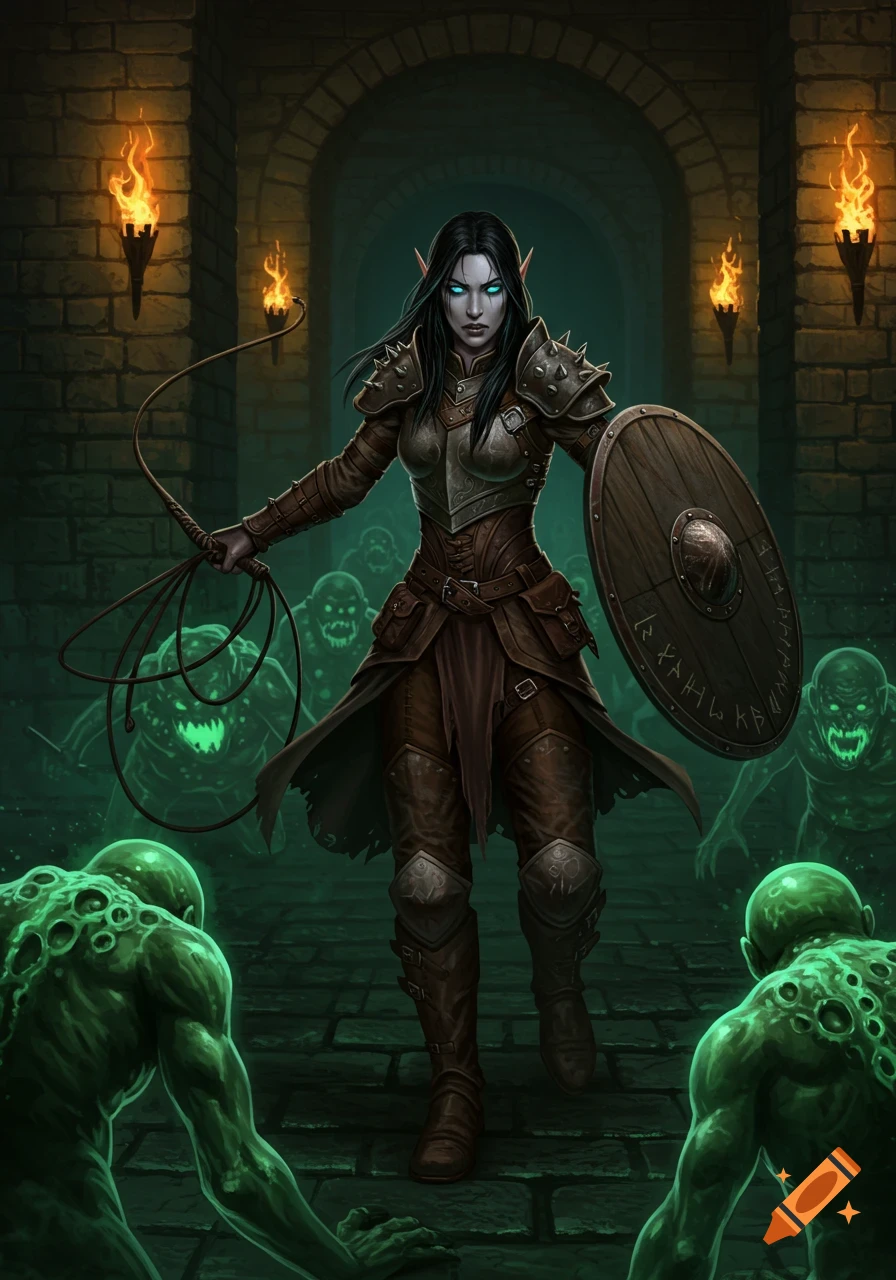 A half-elf ranger with black hair and glowing blue eyes in studded leather armor, wielding a whip and shield, fighting green monsters in a dark dungeon.