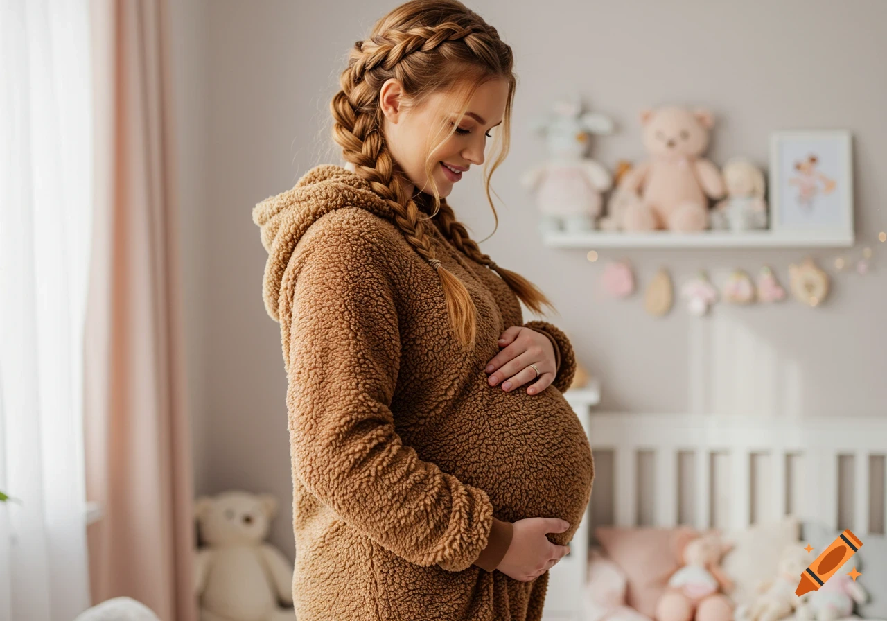 A smiling pregnant woman with braided strawberry blonde hair gently holds her baby bump while wearing a brown fuzzy onesie in a soft-lit nursery.