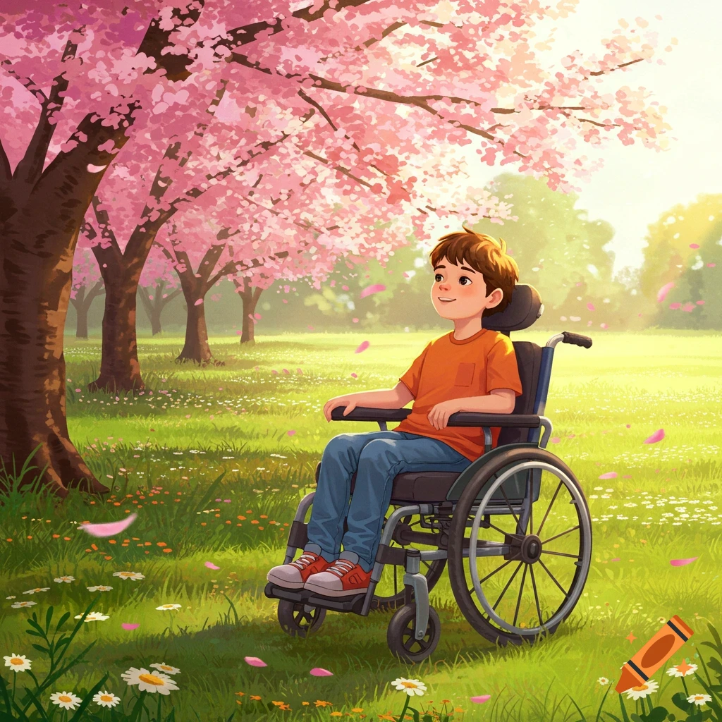 A smiling young boy in a wheelchair sits under vibrant pink cherry blossom trees in a sunny park with green grass.