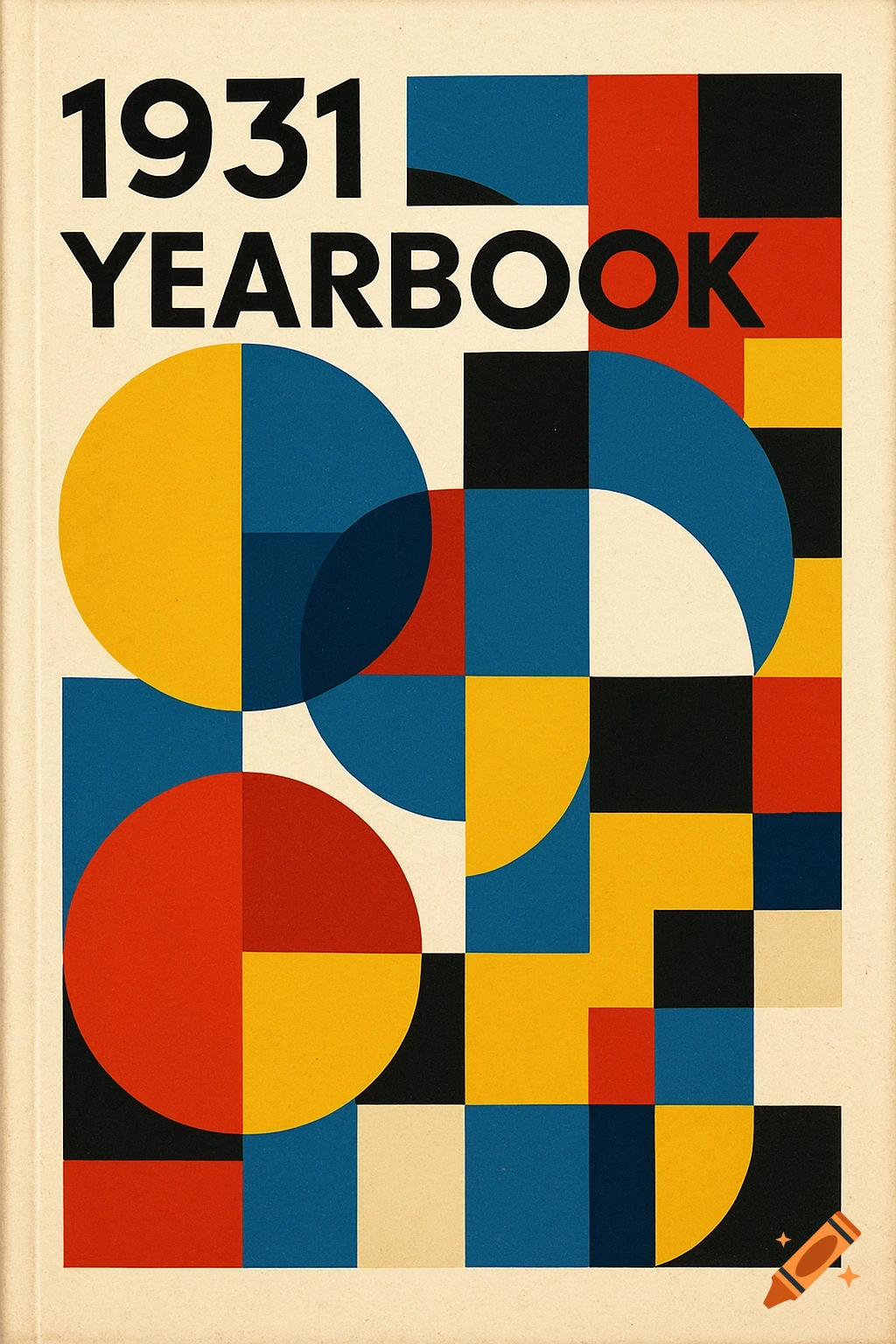 Bauhaus-style yearbook cover with '1931 YEARBOOK' text, featuring abstract geometric shapes in red, blue, yellow, and black on a cream background.