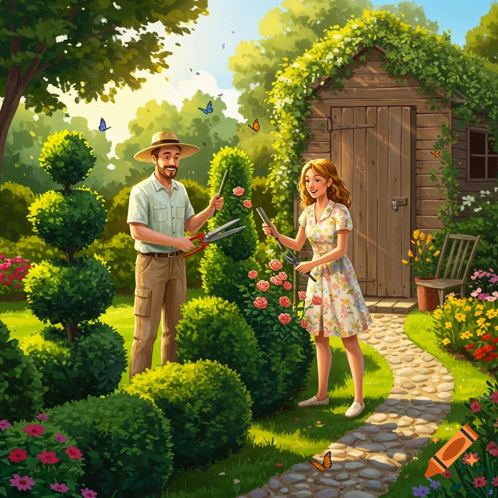 A smiling couple gardening, trimming hedges and roses in a lush, sunny garden with a shed and butterflies, in an illustrative style.