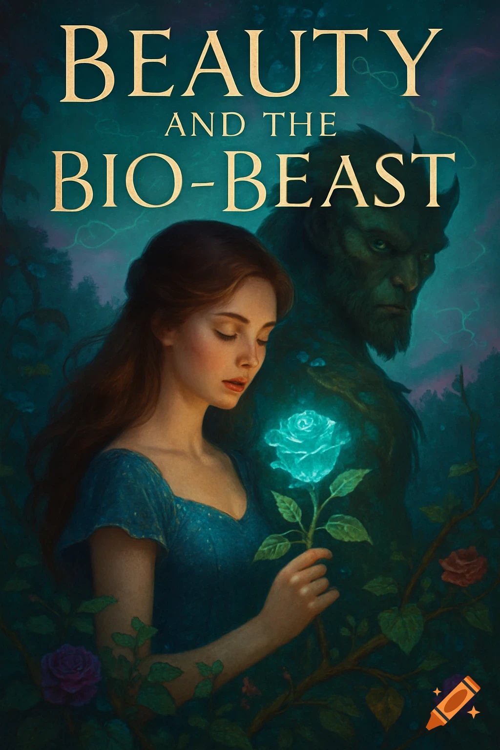 A book cover titled "BEAUTY AND THE BIO-BEAST." A woman in a blue dress holds a glowing blue rose, with a dark, beastly figure behind her in a forest.