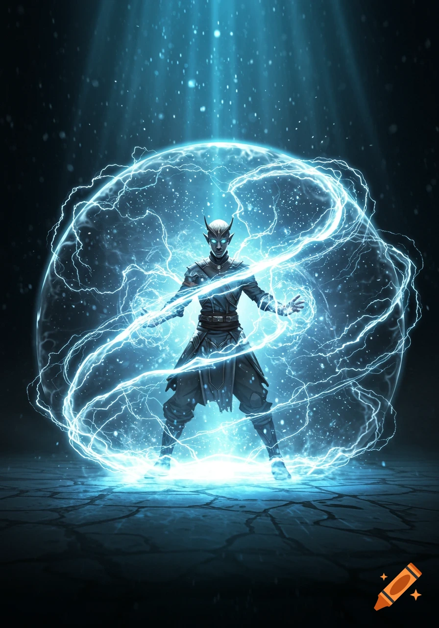 A dark fantasy character with glowing blue eyes and horns stands amidst ...