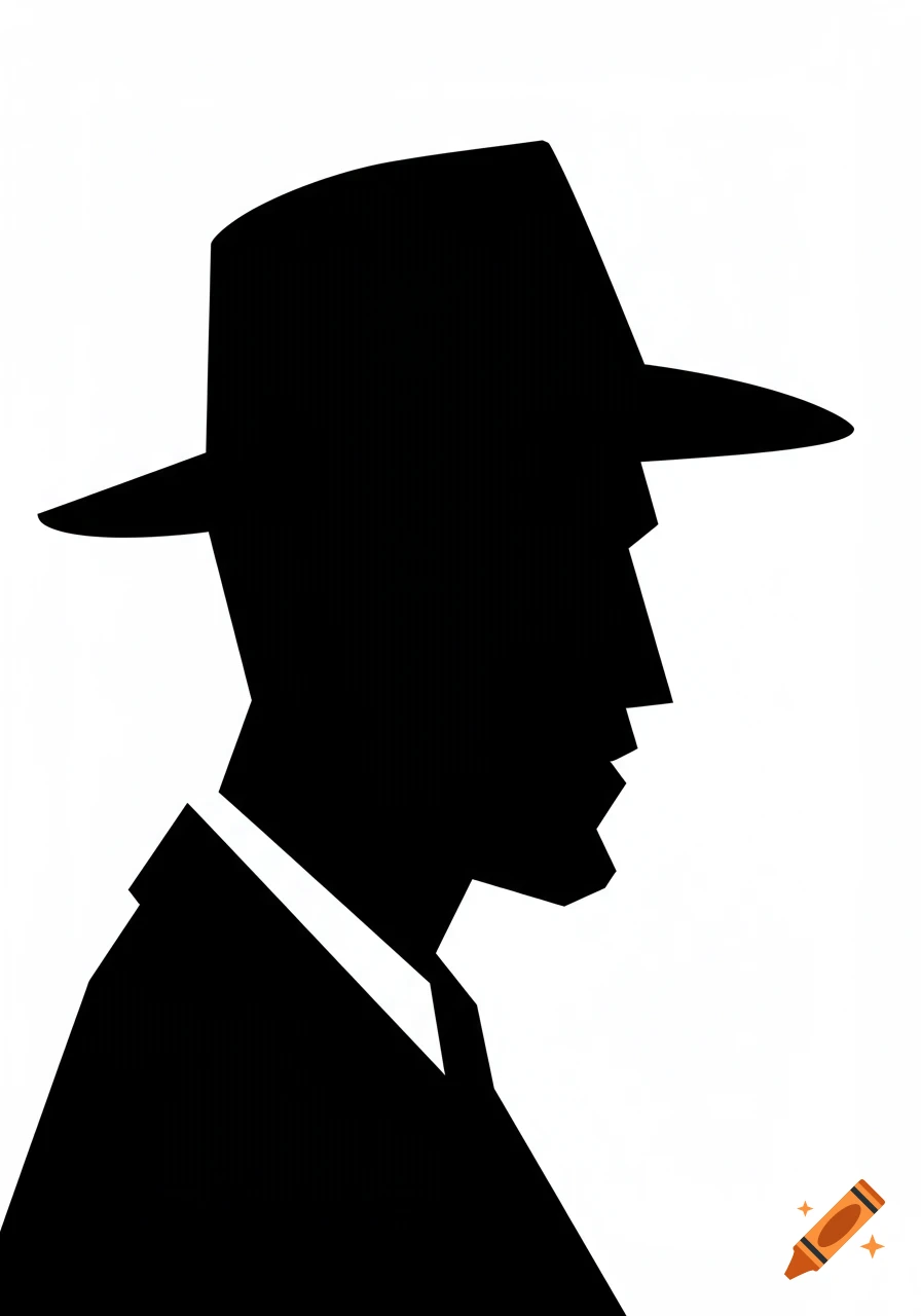 A geometric black silhouette of a man's head in profile, wearing a hat, in a cubist 2D style.