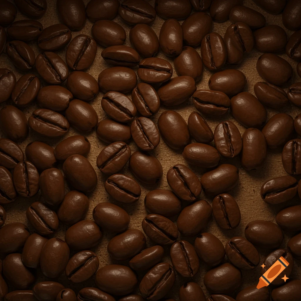 A close-up, overhead view of numerous dark roasted coffee beans scattered across a textured brown surface.