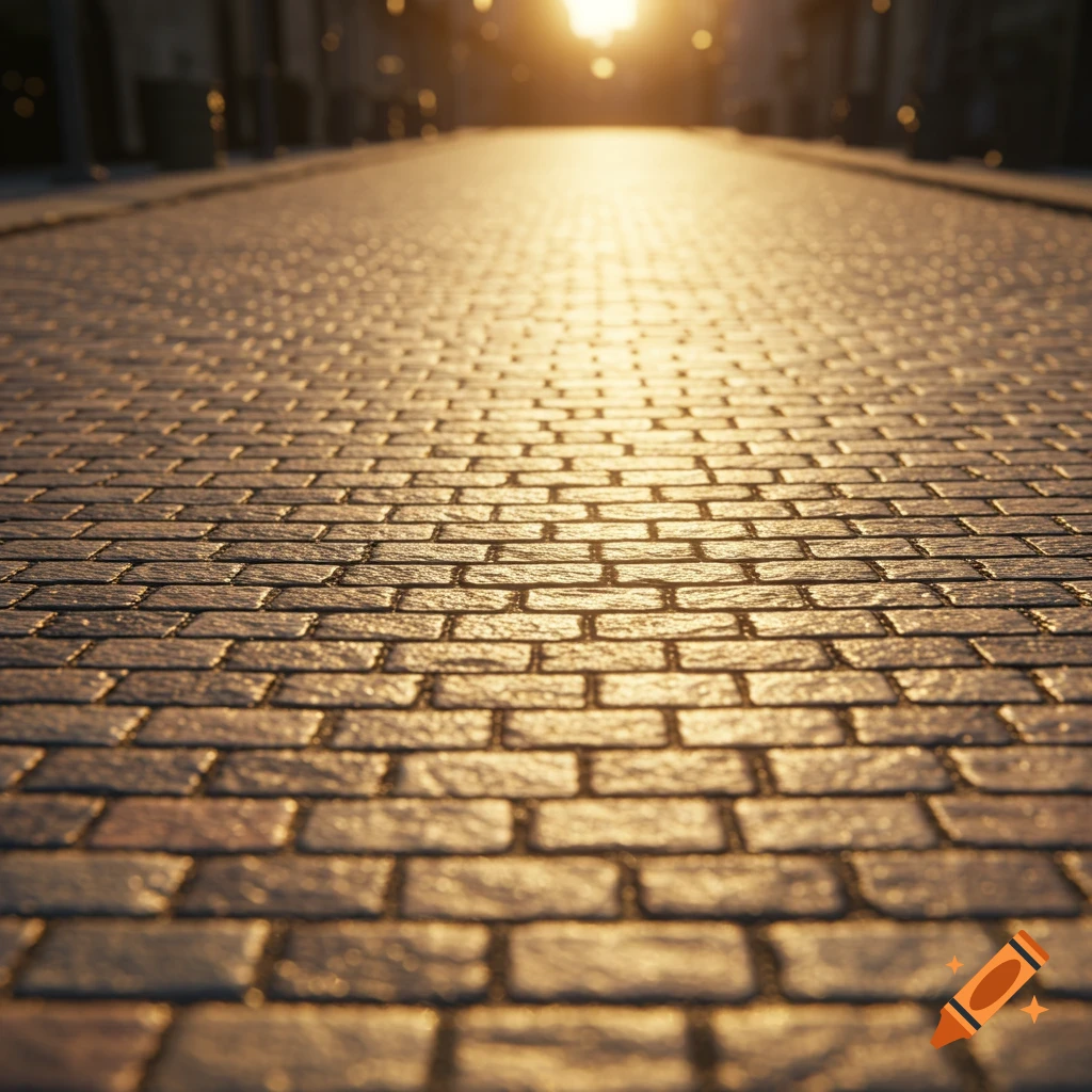 A low-angle view of a cobblestone street bathed in warm golden light, receding into a bright horizon.