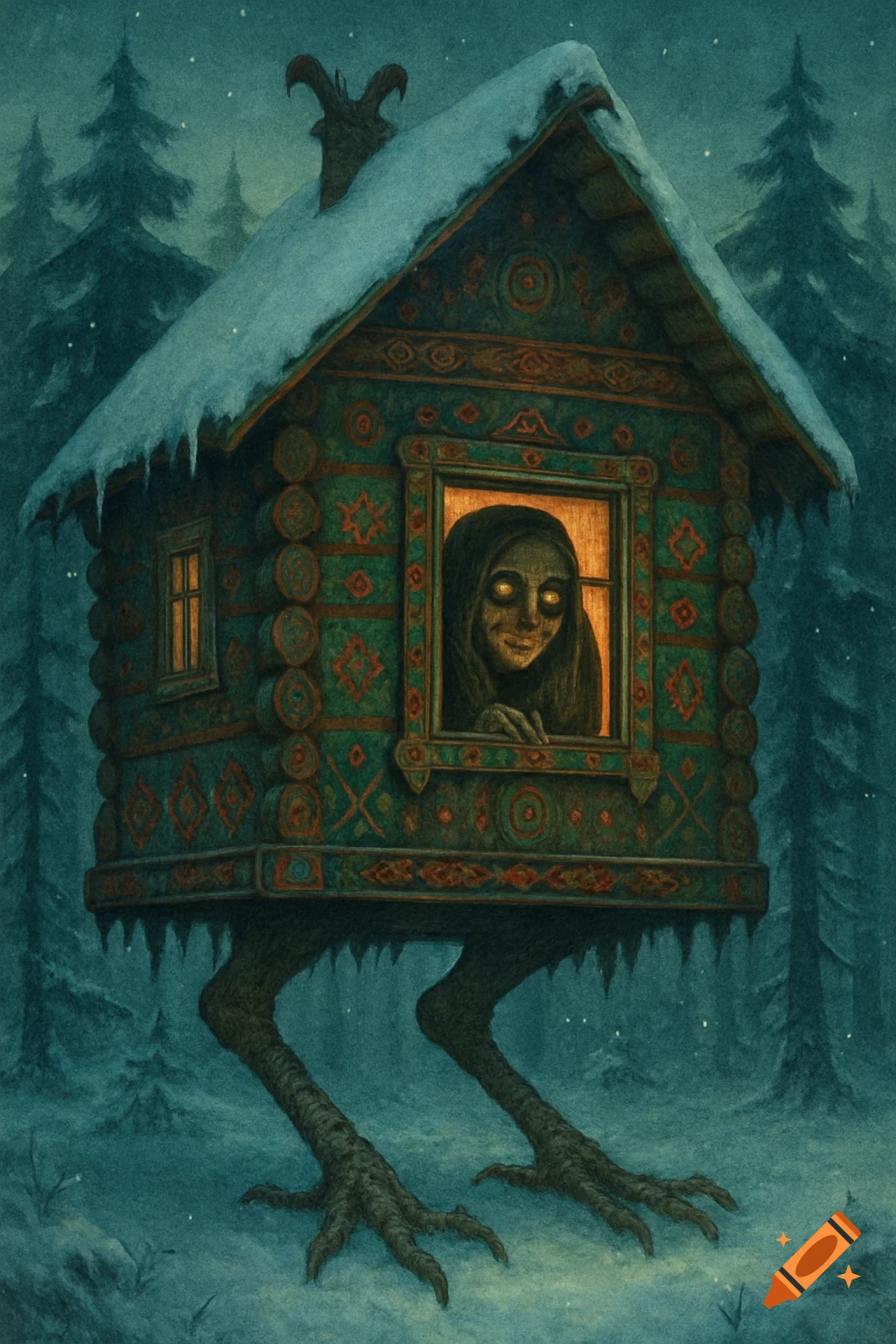 Eerie Baba Yaga peeks from her ornate, chicken-legged hut in a snowy, dark pine forest, Russian fairytale art style.