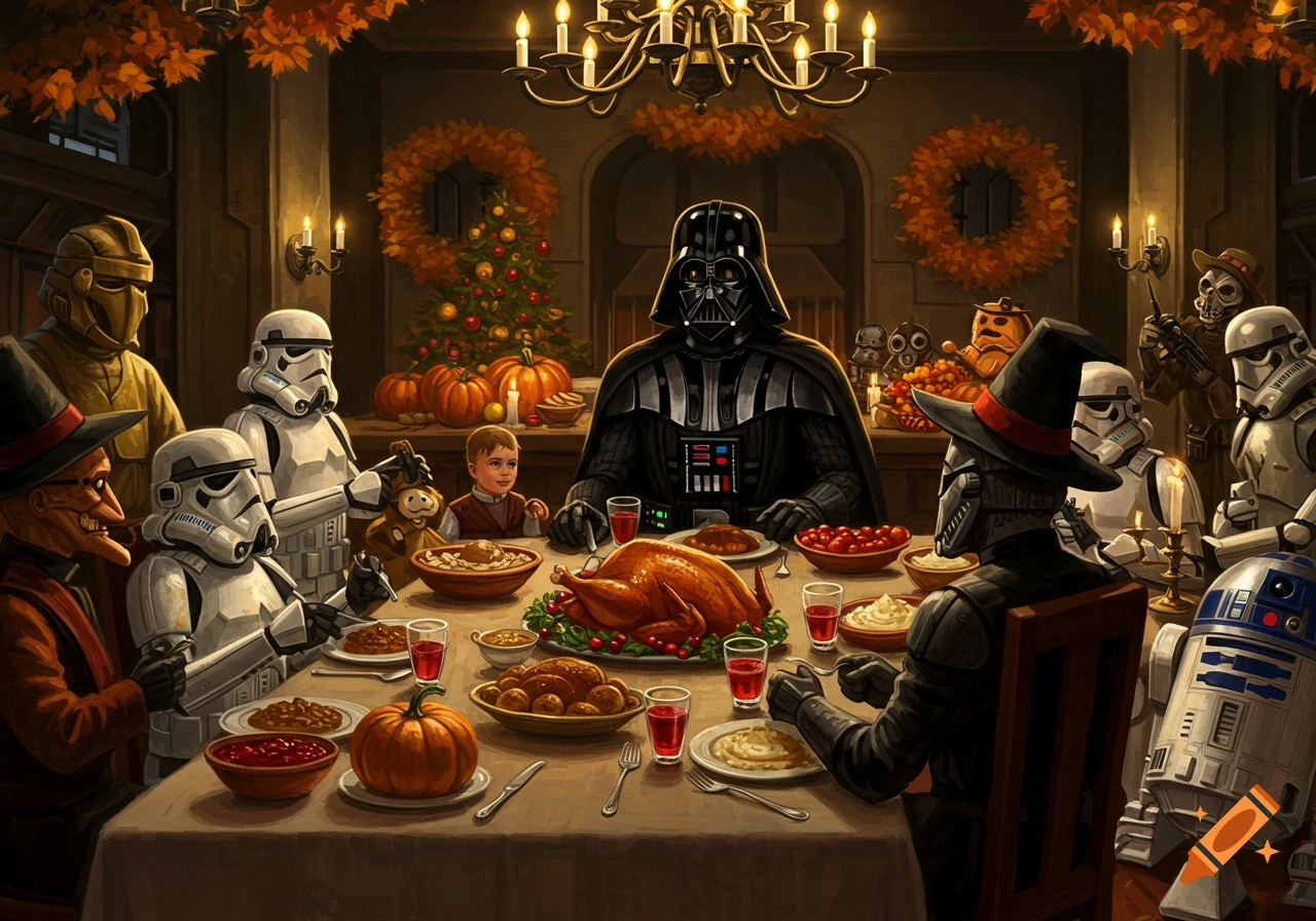 Darth Vader and Stormtroopers, with a child and R2-D2, celebrate Thanksgiving dinner in a festive, candlelit room. An illustrative style.