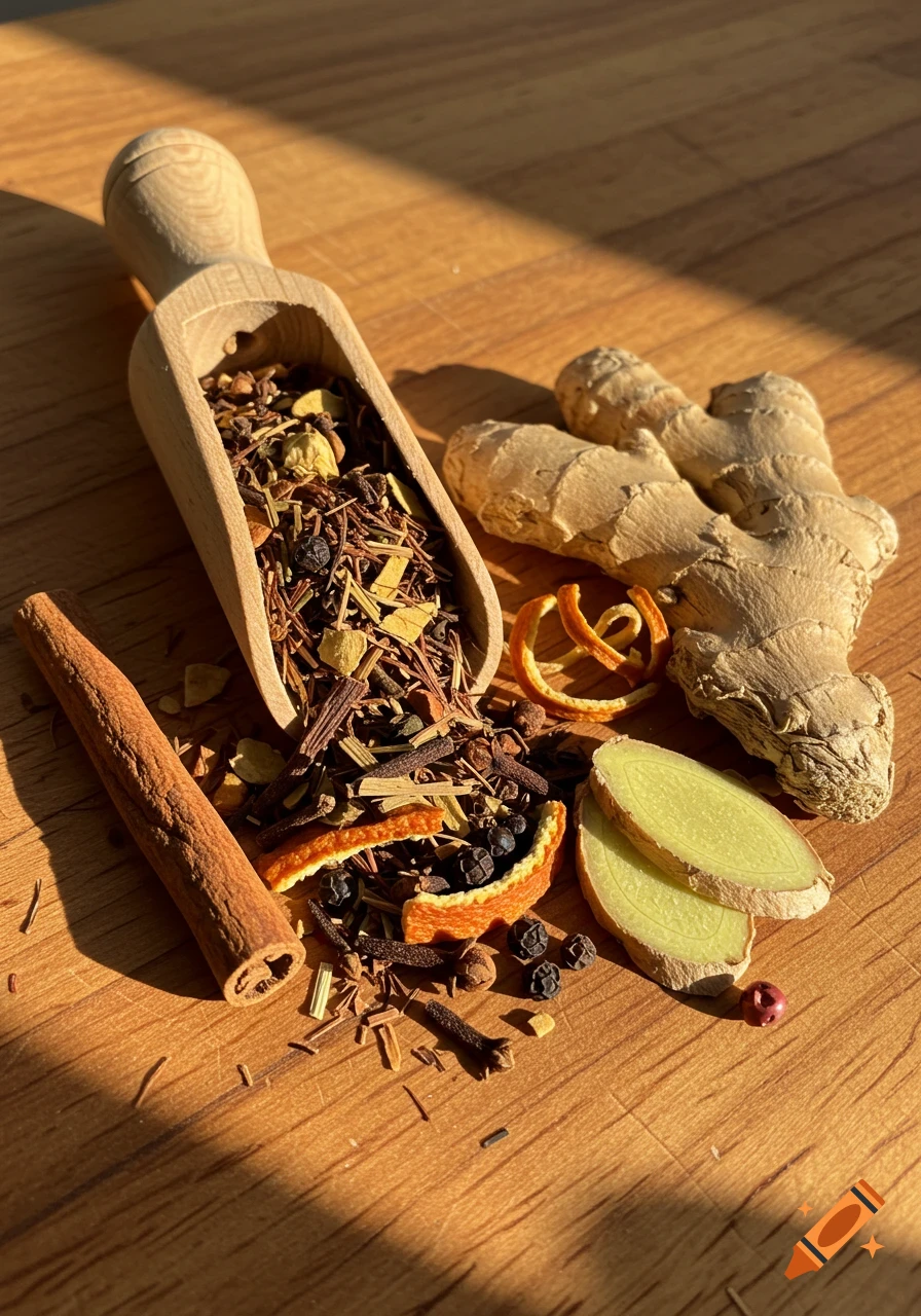 A wooden scoop holds a dried tea blend, with a cinnamon stick, ginger root, orange peels, and sliced ginger on a sunlit wooden surface.
