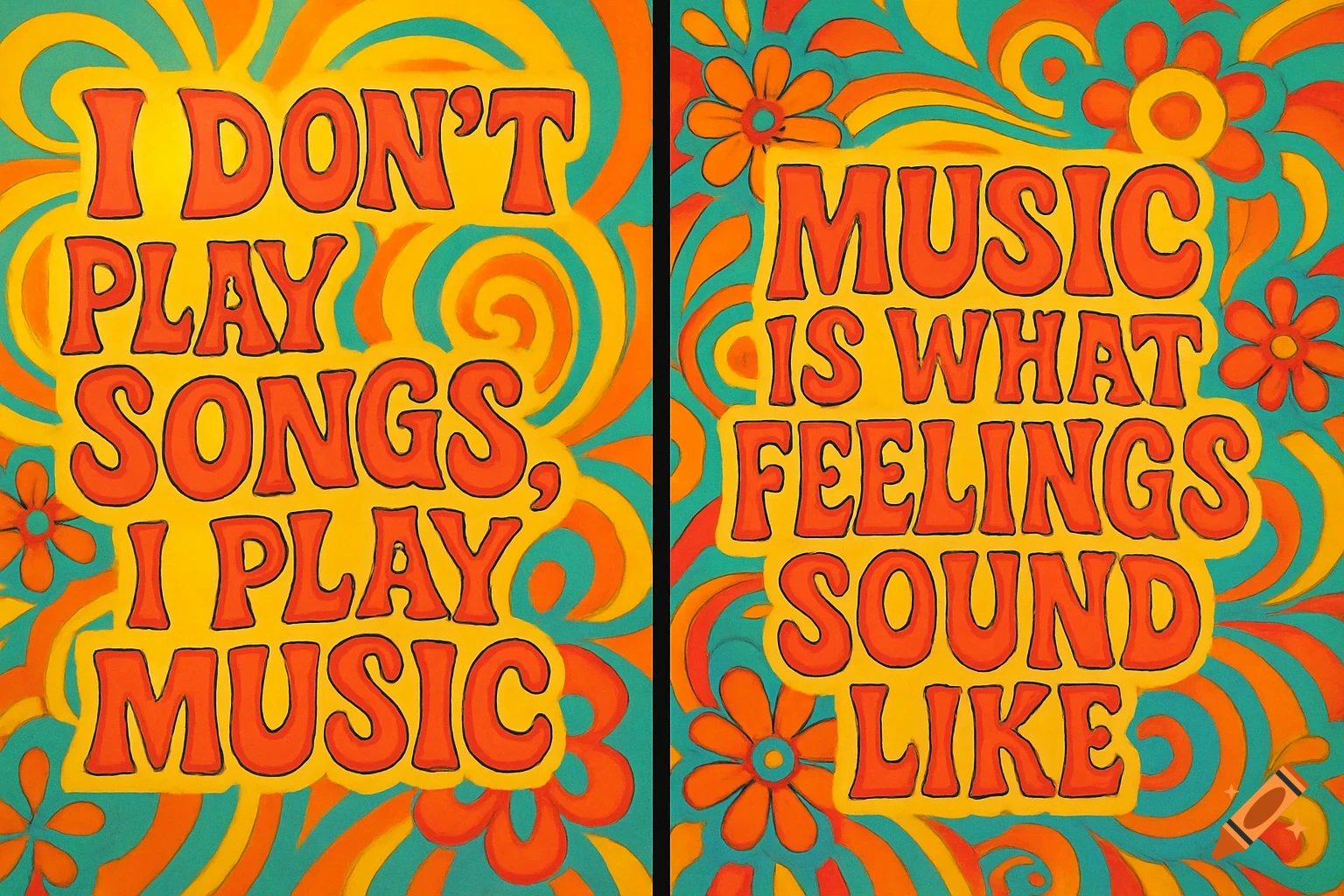 Two psychedelic panels with orange bubble font text. Left: "I don't play songs, I play music." Right: "Music is what feelings sound like." With swirls and flowers.