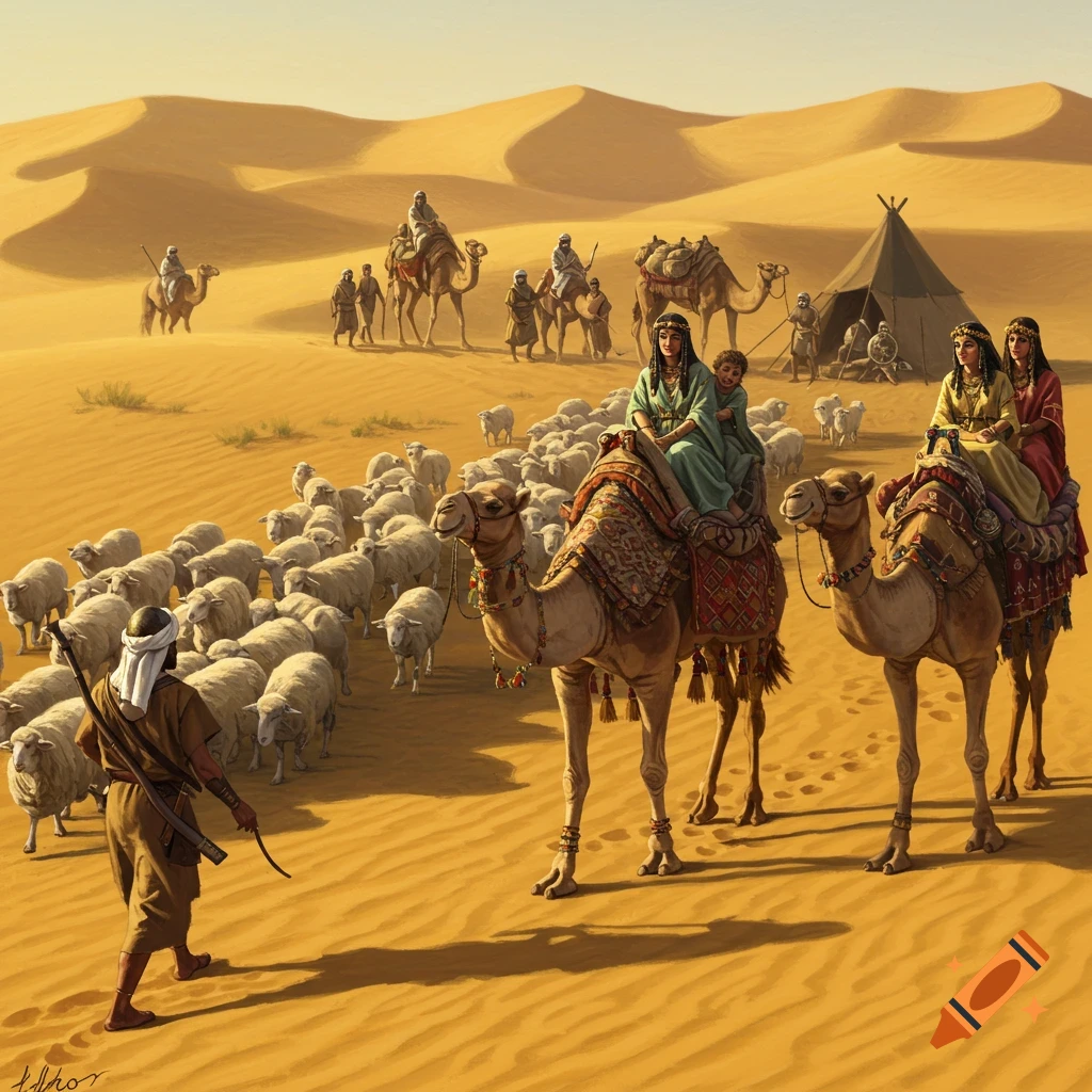 A group of people riding camels and herding sheep across sandy desert dunes, with a tent in the background, in a stylized, painted artwork.