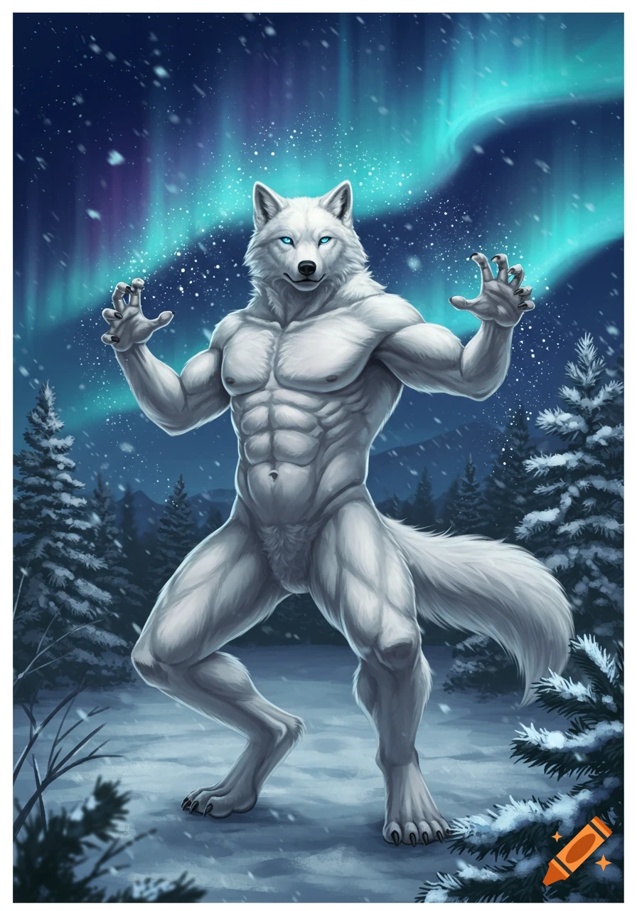 A muscular white wolf-like creature (werewolf) with glowing blue eyes stands in a snowy forest under the aurora borealis.