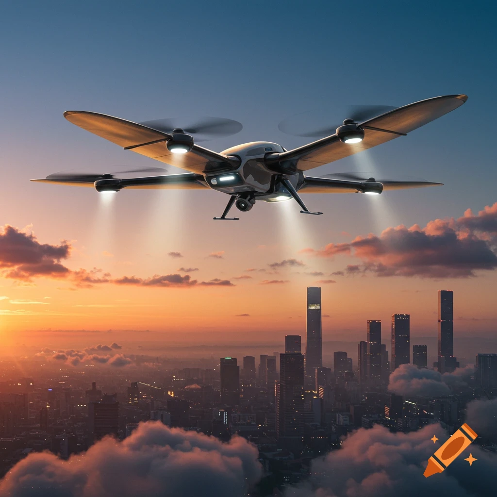 A photorealistic drone flying over a city skyline at sunset, with clouds below.