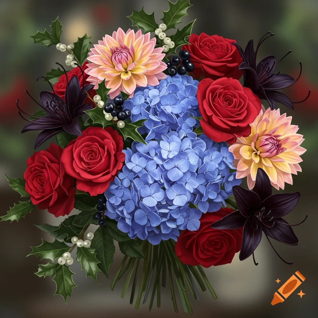 Vibrant bouquet of red roses, blue hydrangeas, black lilies, pink and yellow dahlias, and holly sprigs.