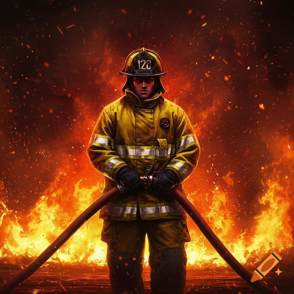 A photorealistic image of a firefighter in a yellow uniform holding a hose, standing against a background of raging fire and embers.