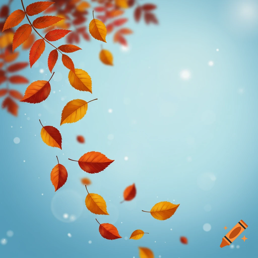 Vibrant orange and yellow autumn leaves falling gracefully against a soft blue background.