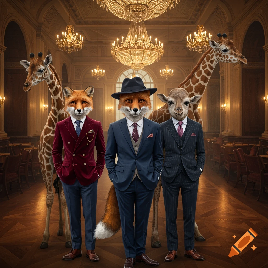 Two anthropomorphic foxes and a deer-like creature in suits pose in a grand hall, with two giraffes.