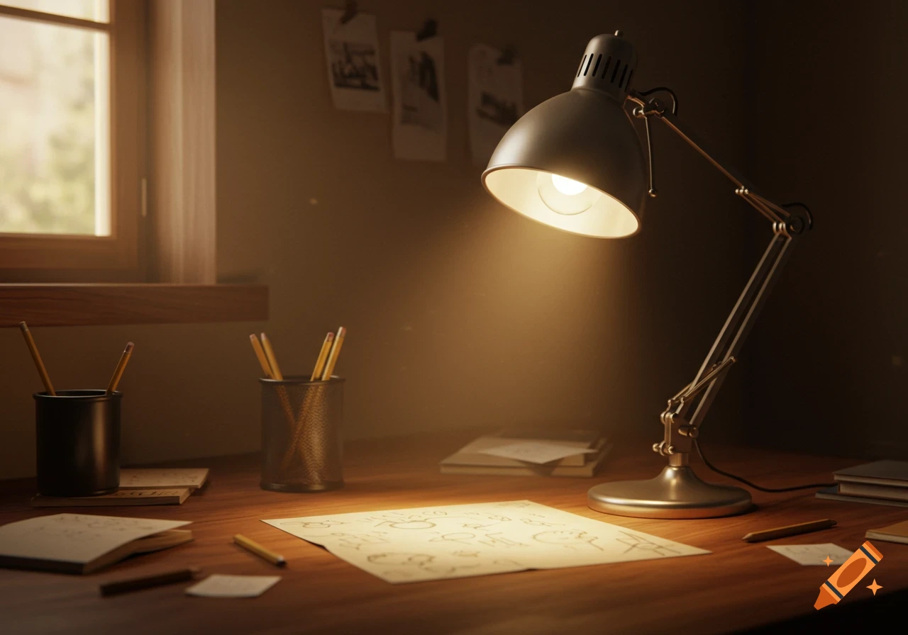 A desk lamp illuminates a wooden desk with pencils, notebooks, and papers by a window, in a photorealistic style.