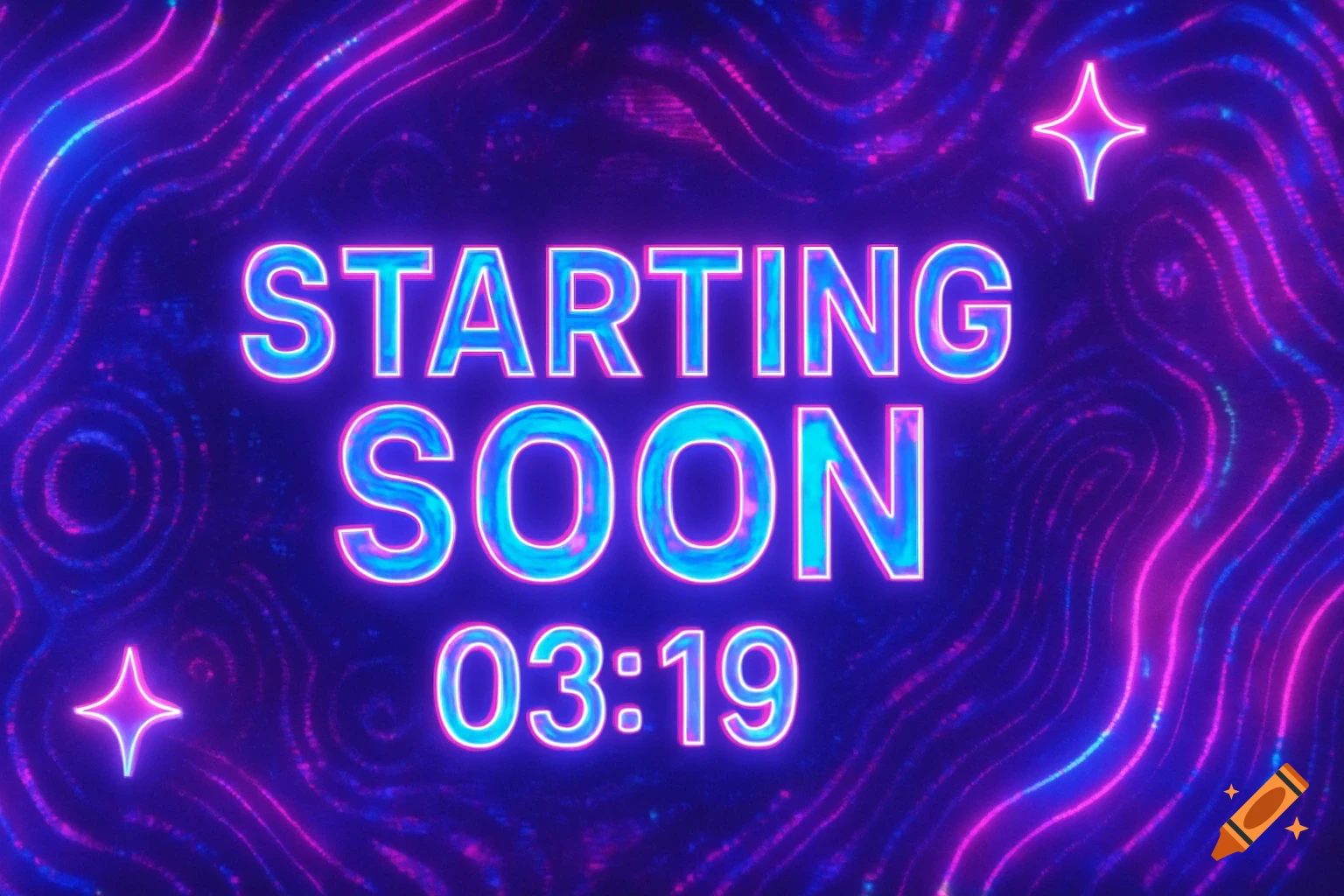 A neon 'STARTING SOON' screen with a 03:19 timer against a blue and purple abstract background with glowing stars.