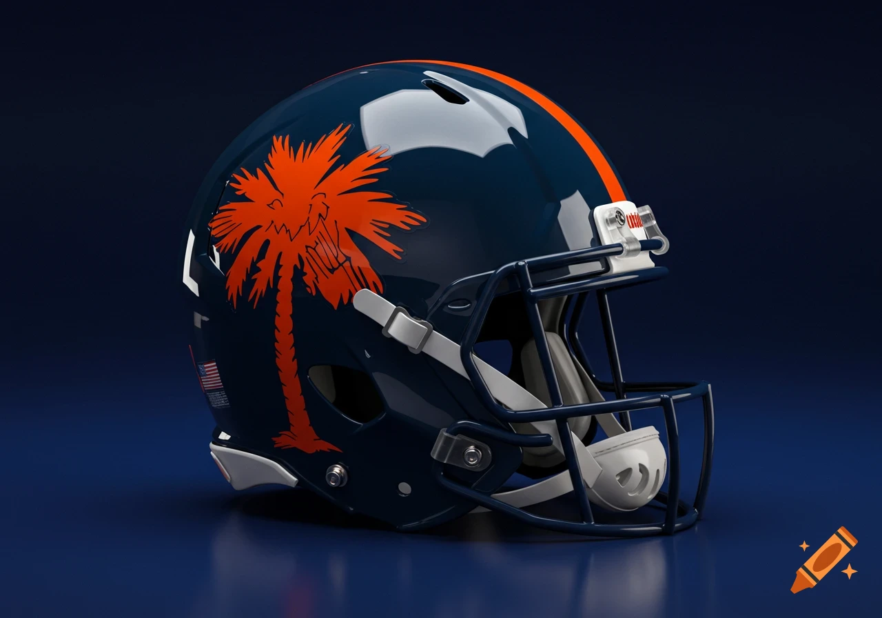 A shiny dark blue American football helmet with an orange palmetto tree logo and a single orange stripe, on an indigo background.